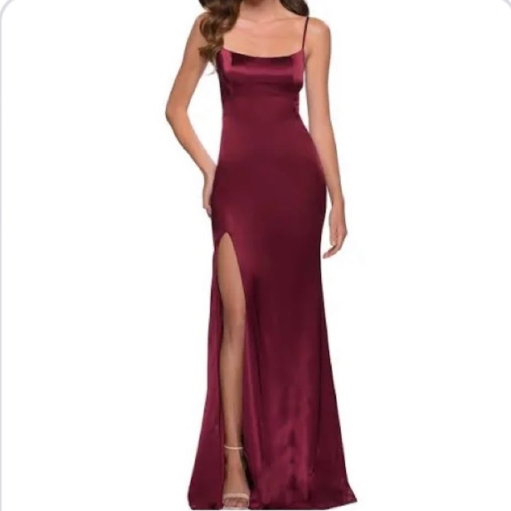 La Femme Side Slit Stretch Satin Prom Elegant Formal Wedding Party Gown Size 2
